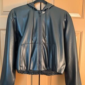 ALO Yoga Women’s Faux Leather Bomber Jacket with Hood- Black